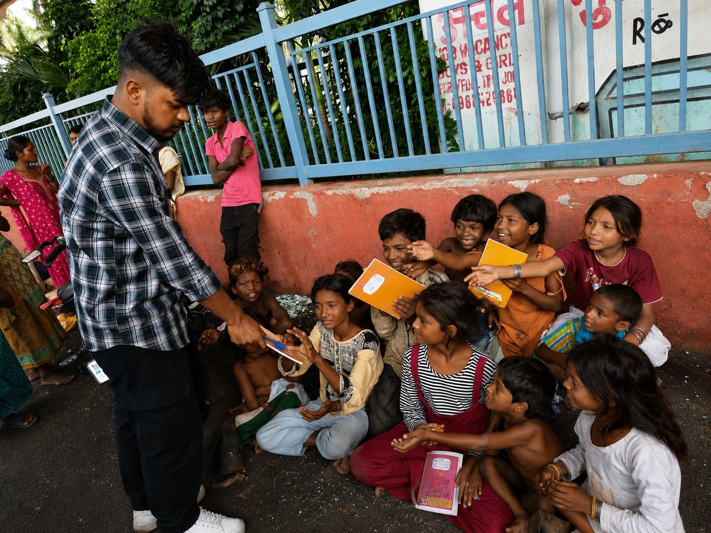 Handing out study material to children