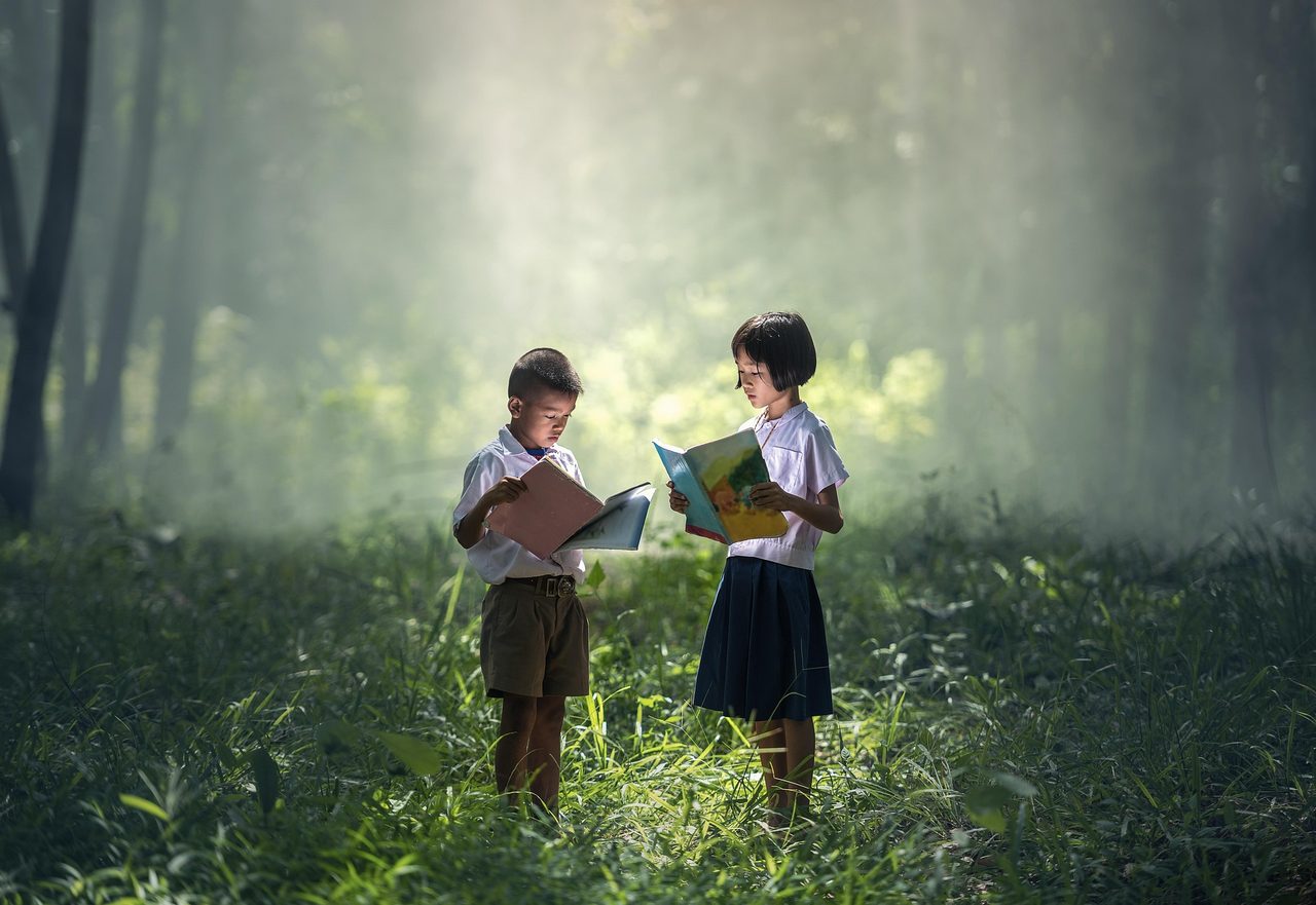 Two schoolchildren reading together in a sunlit green forest