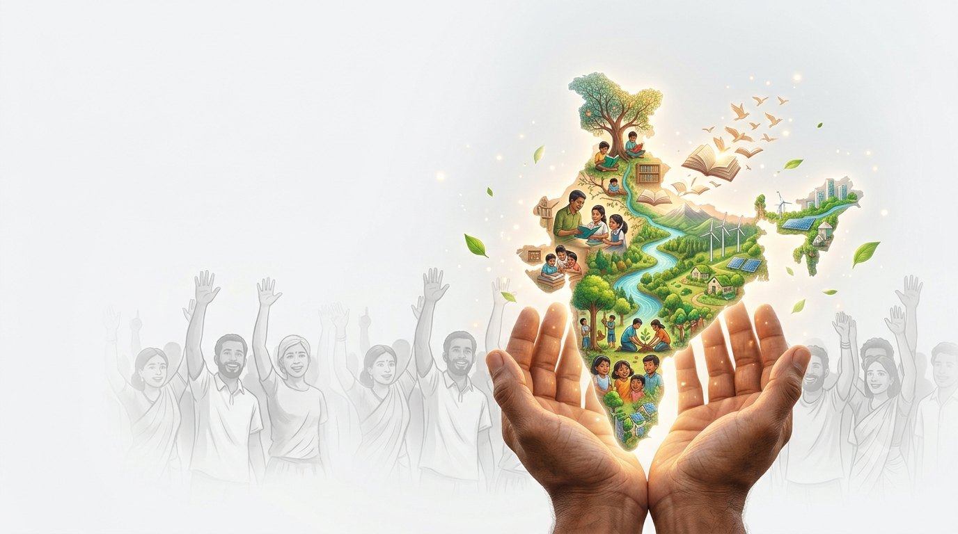 Cupped hands holding a thriving India — trees, children learning, clean rivers and renewable energy — with a community raising their hands